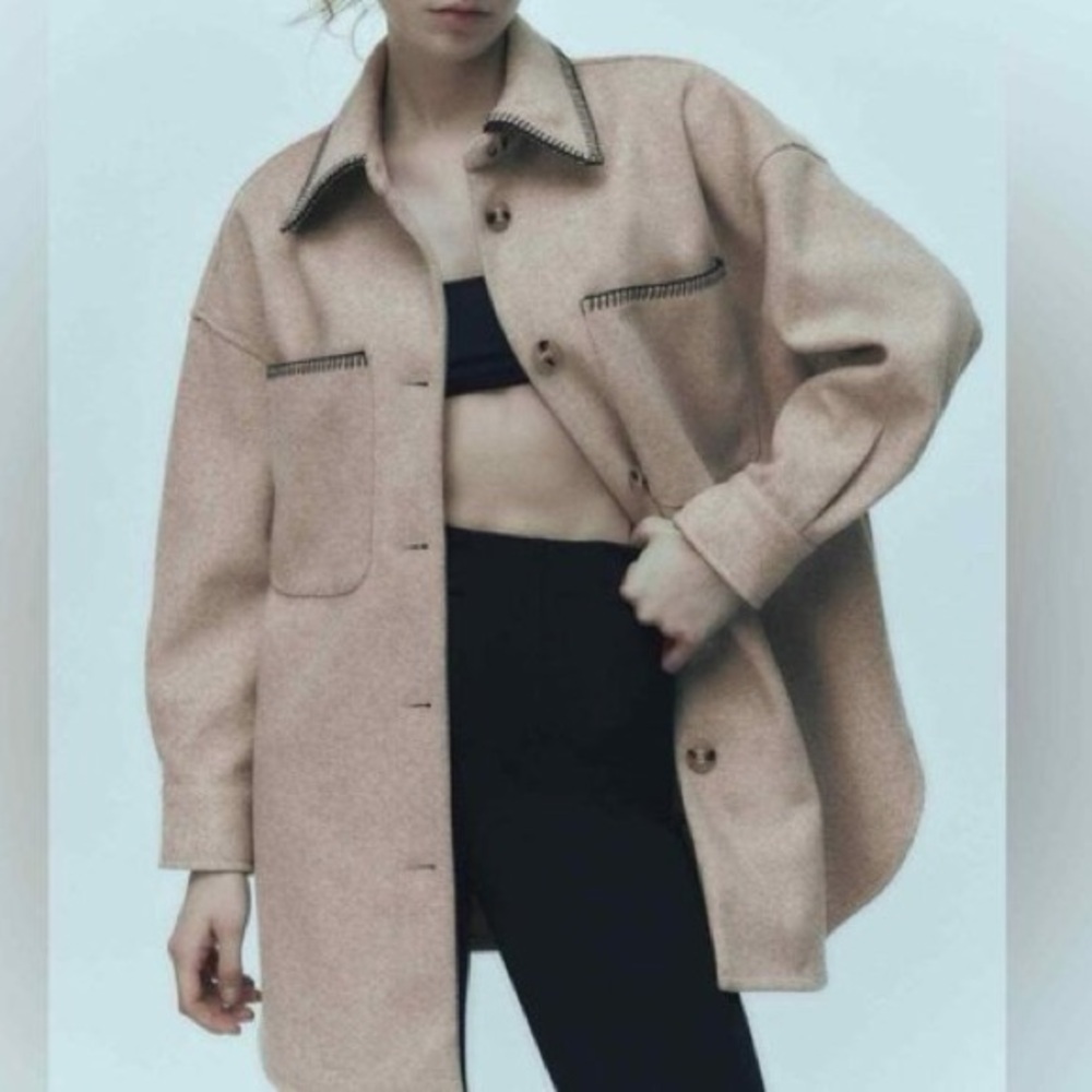 Zara NWT beige tan oversized button front stitched shacket - Picture 14 of 16